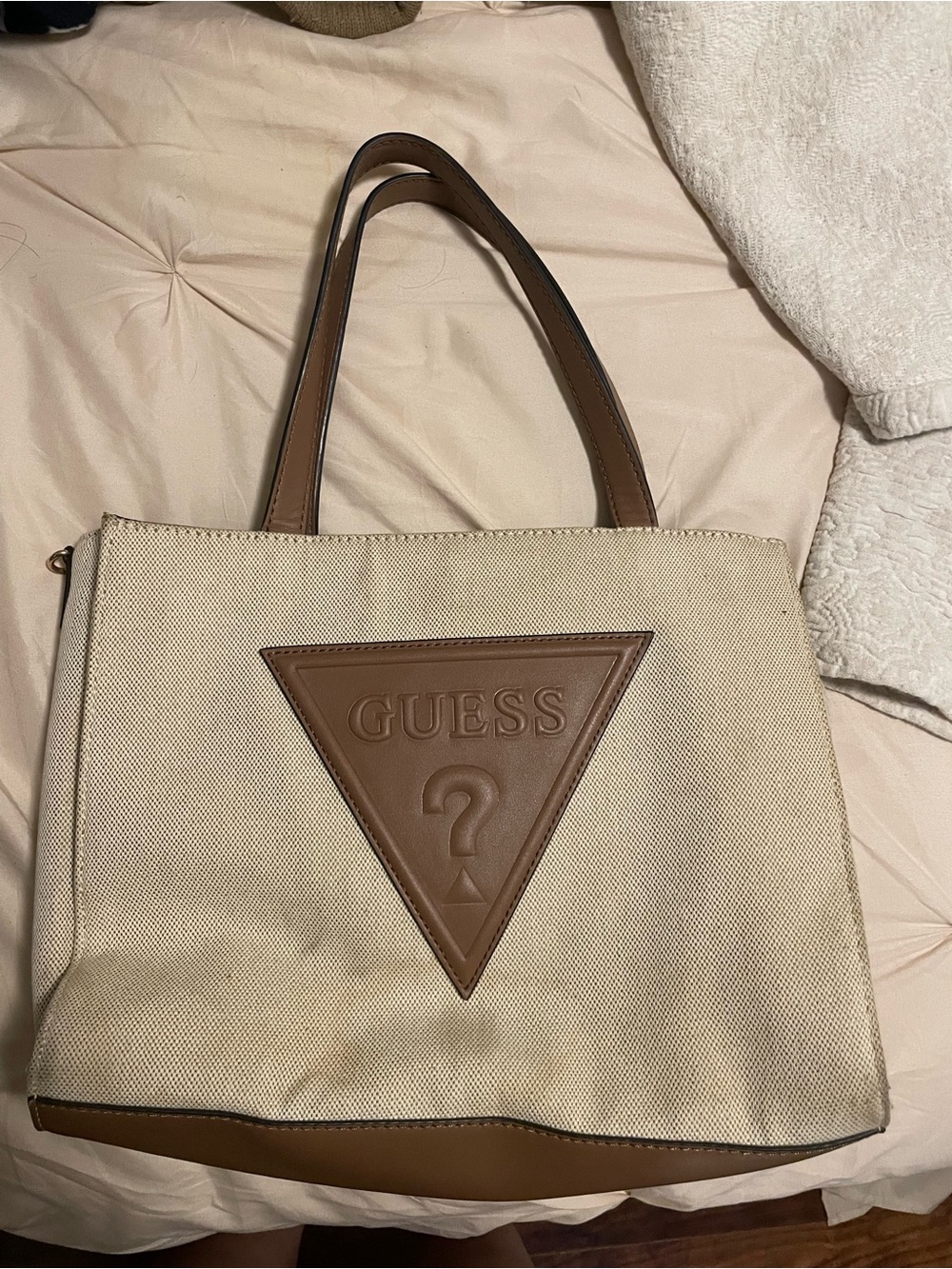 Guess Beige Canvas Tote with Brown Trim